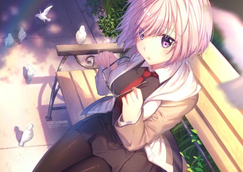 Anime Girl on Bench — Pink, Serene, Sunset