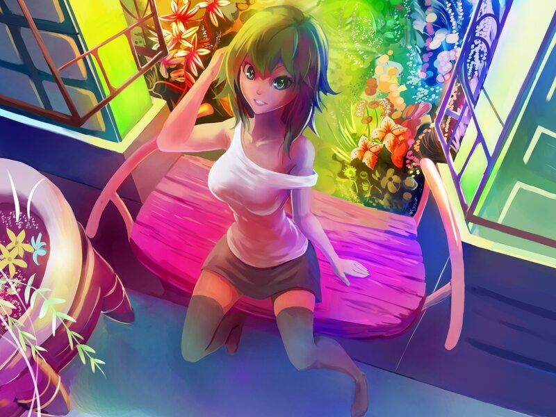 Anime Girl on Bench — Pink, Vibrant
