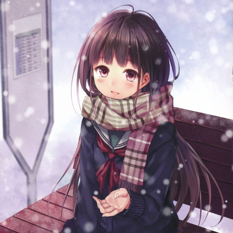 Anime Girl on Bench — Purple, Calm, Winter