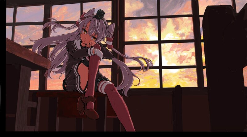 Anime Girl on Bench — Purple, Dramatic, Sunset, Digital Art