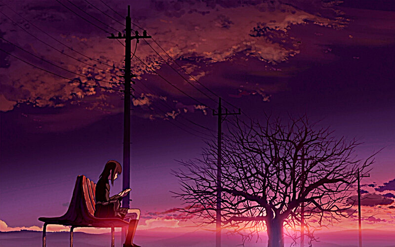 Anime Girl on Bench — Purple, Dramatic, Sunset