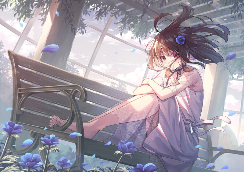 Anime Girl on Bench — Purple, Serene, Afternoon, Digital Art