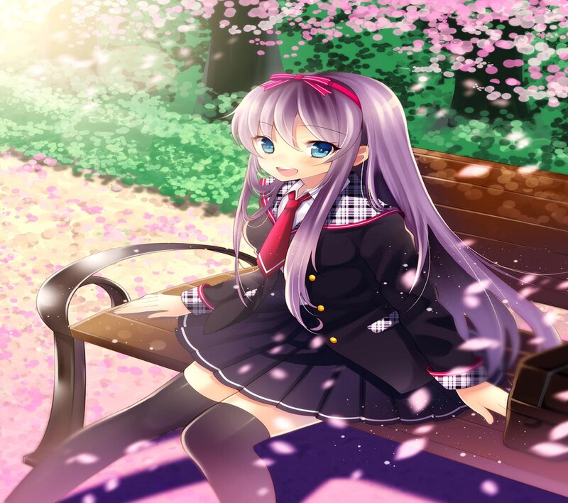 Anime Girl on Bench — Purple, Serene, Spring