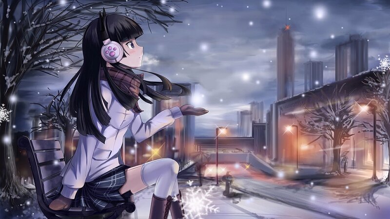 Anime Girl on Bench — Purple, Serene, Winter
