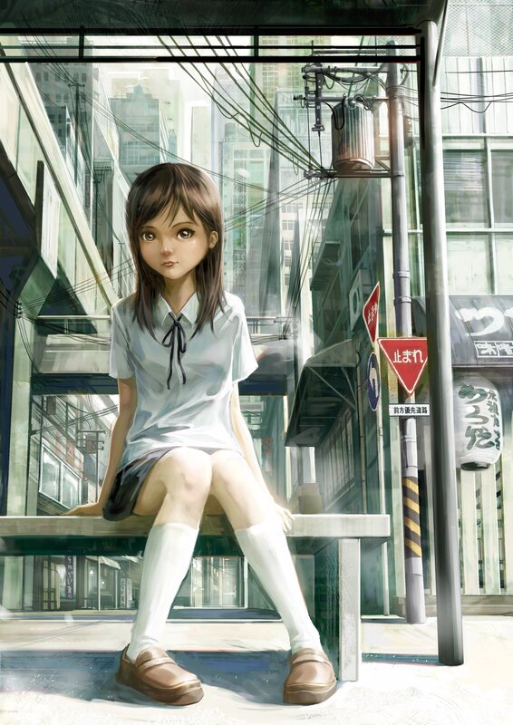 Anime Girl on Bench — White, Calm, Afternoon, Digital Art