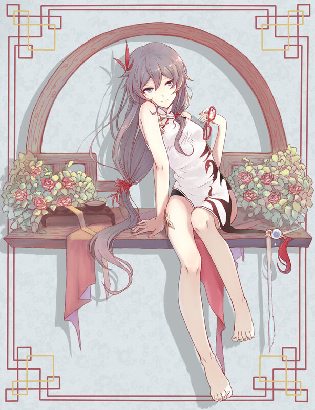 Anime Girl on Bench — White, Calm, Digital Art