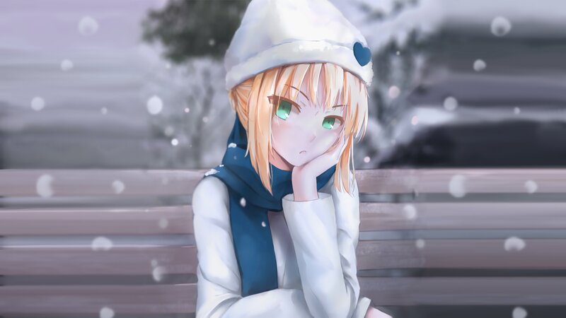 Anime Girl on Bench — White, Calm, Winter