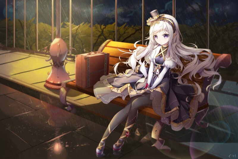 Anime Girl on Bench — White, Melancholic