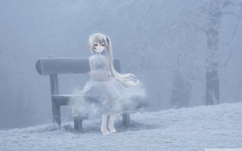 Anime Girl on Bench — White, Misty