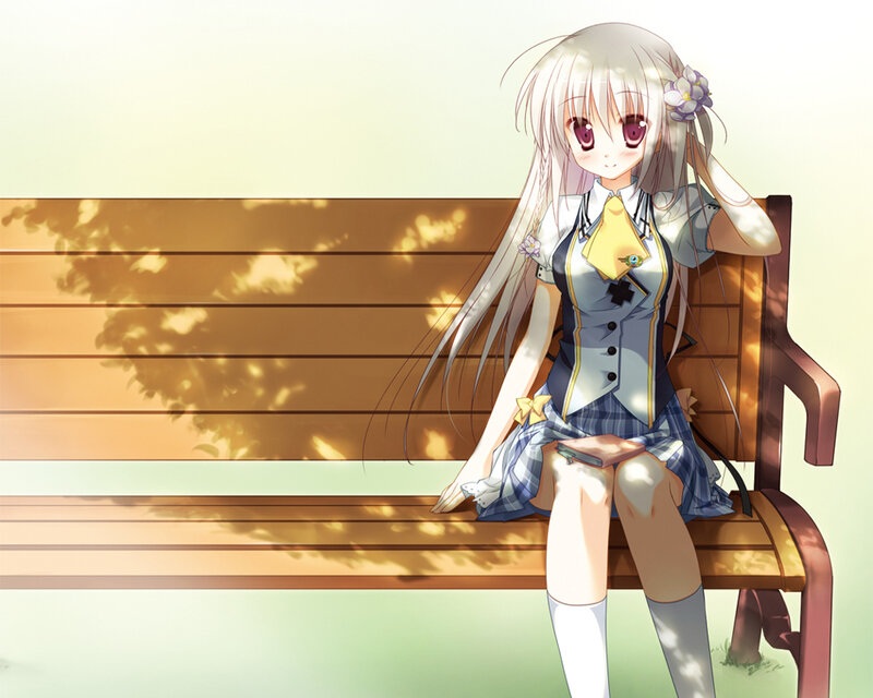 Anime Girl on Bench — White, Serene
