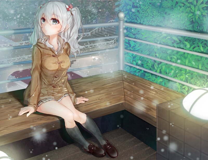 Anime Girl on Bench — White, Serene, Winter