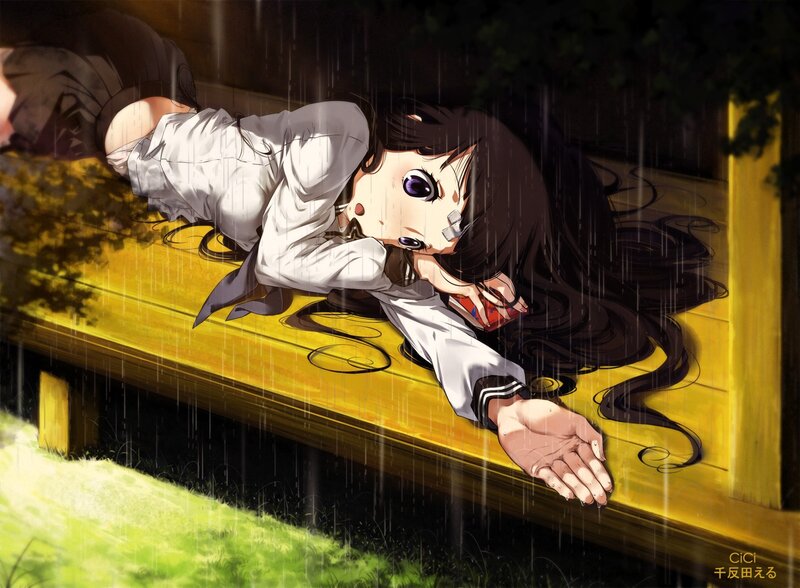 Anime Girl on Bench — Yellow, Dramatic, Night