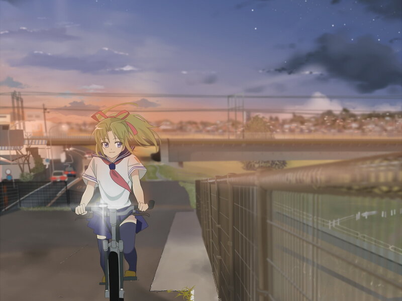 anime girl on bicycle at dusk