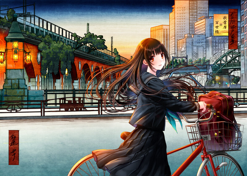 Anime Girl on Bicycle — Black, Serene