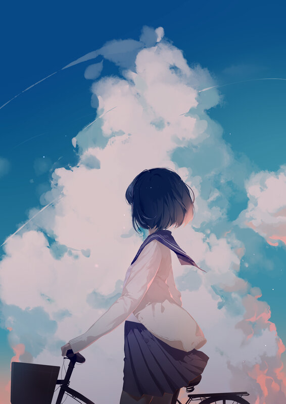 Anime Girl on Bicycle — Blue, Serene, Sunset, Digital Art, Clouds, Sky