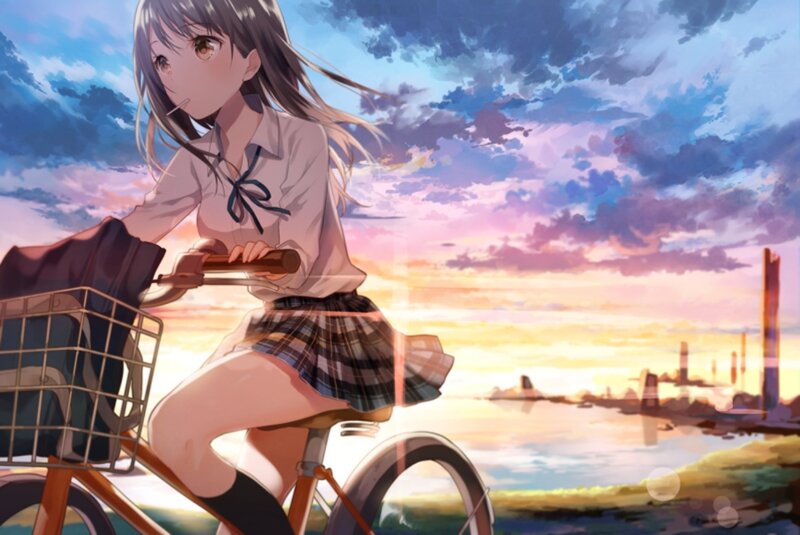 Anime Girl on Bicycle — Blue, Serene, Sunset