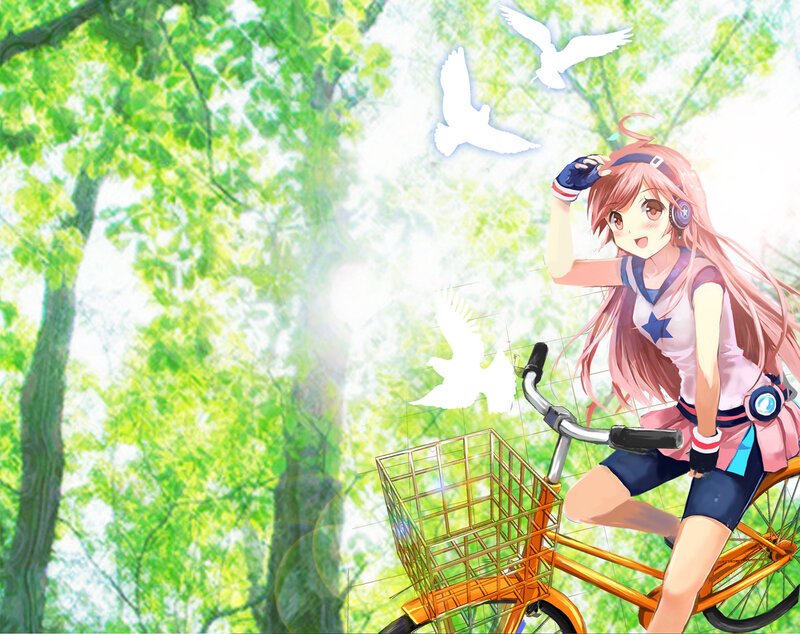 Anime Girl on Bicycle — Green, Serene