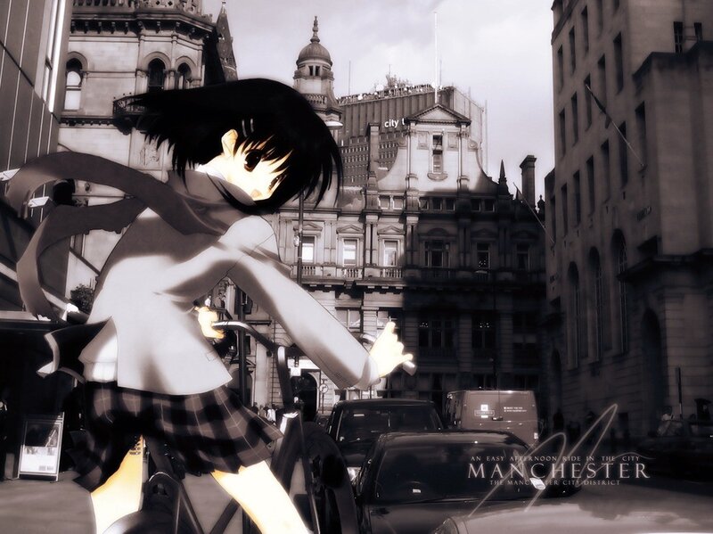 anime girl on bicycle in manchester