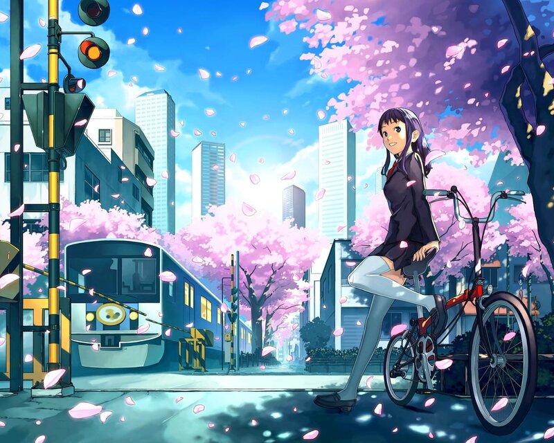 Anime Girl on Bicycle — Pink, Serene, Spring, Train