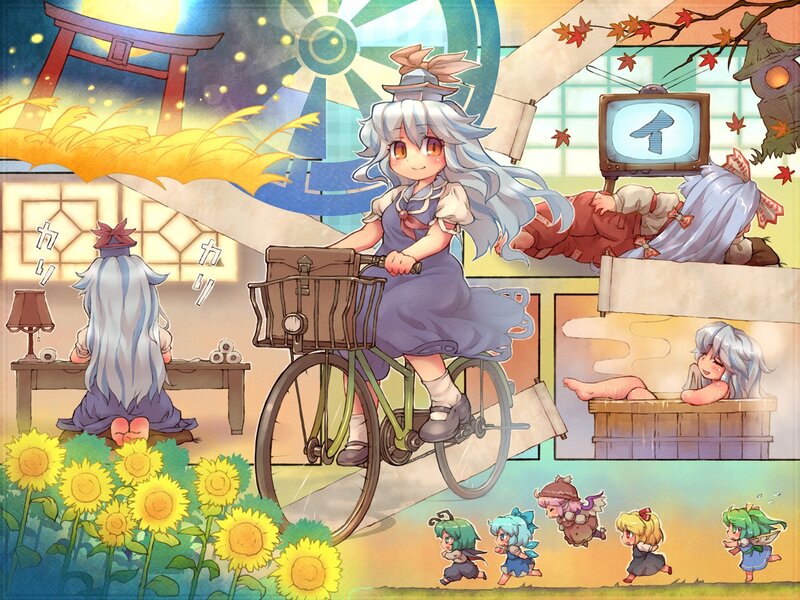 Anime girl on bicycle with scenes
