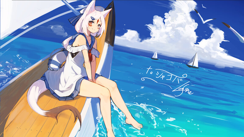 Anime Girl on Boat — Blue, Serene, Afternoon, Digital Art, Ocean