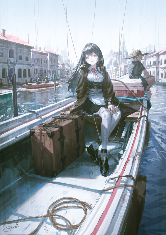 Anime Girl on Boat — Blue, Serene, Afternoon, Digital Art, Suitcase