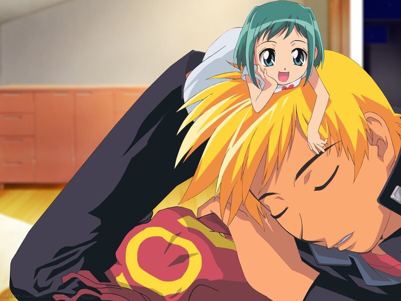 Anime girl on boy's back