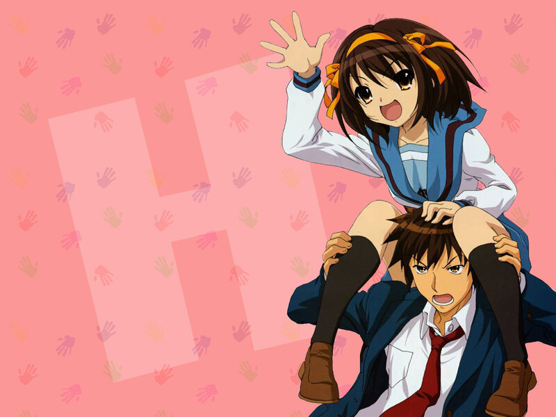 anime girl on boy's back