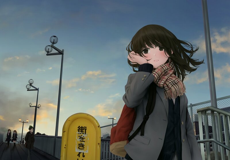 Anime Girl on Bridge — Blue, Calm, Sunset