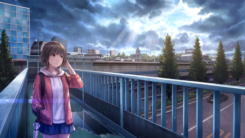 Anime Girl on Bridge — Blue, Dramatic, Afternoon, Digital Art