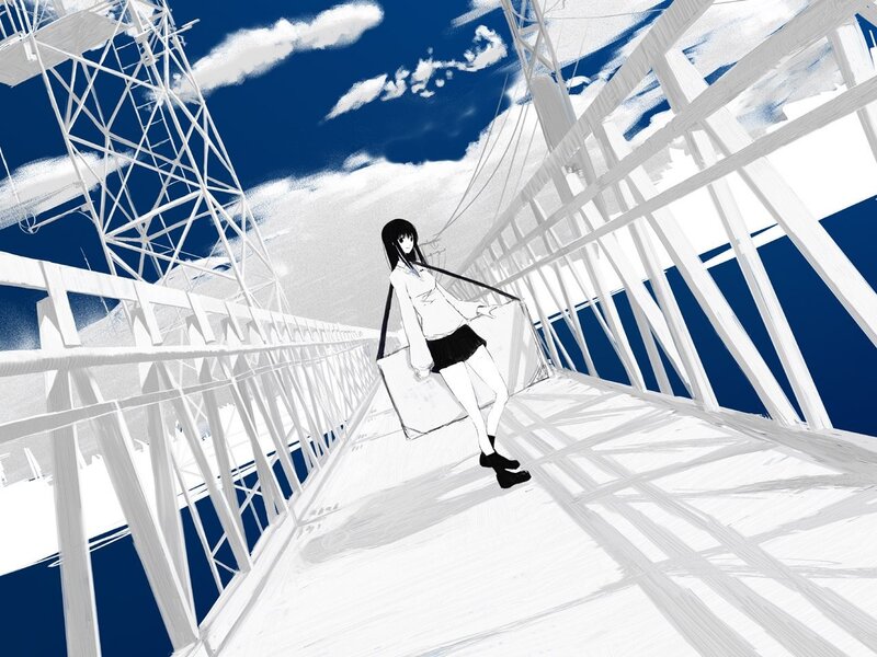 Anime Girl on Bridge — Blue, Dramatic, Afternoon