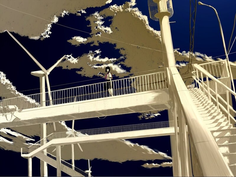 Anime Girl on Bridge — Blue, Dramatic, Night, Digital Art
