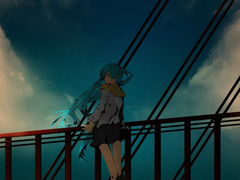 Anime Girl on Bridge — Blue, Dramatic, Night