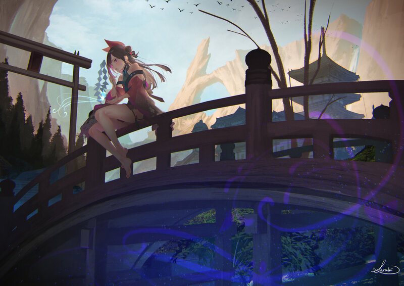 Anime Girl on Bridge — Blue, Serene, Afternoon, Digital Art