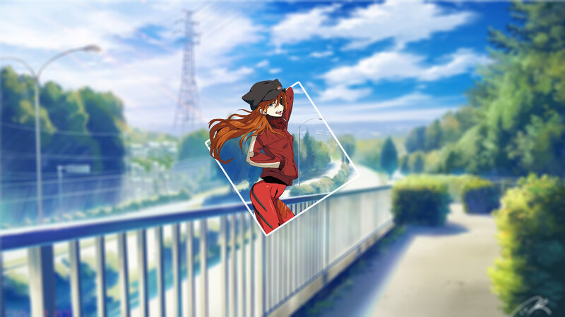 Anime Girl on Bridge — Blue, Serene, Afternoon, Digital Art, Trees
