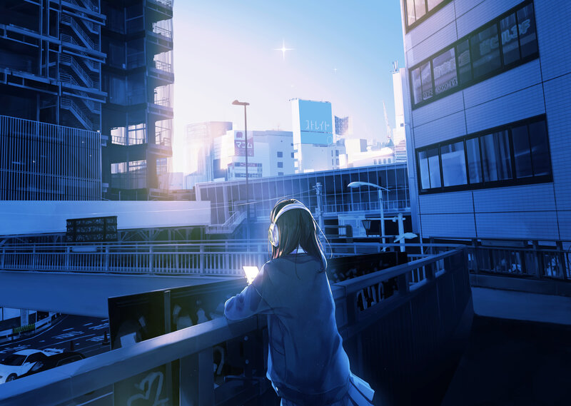 Anime Girl on Bridge — Blue, Serene, Morning, Digital Art