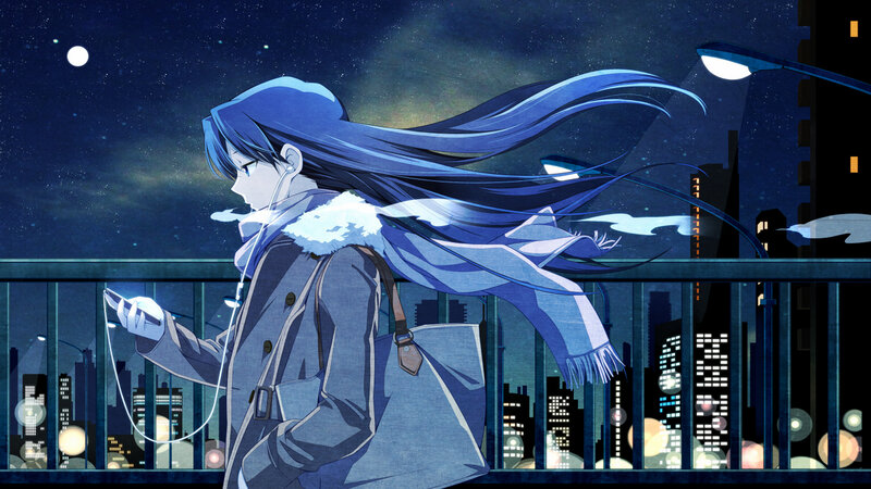 Anime Girl on Bridge — Blue, Serene, Night