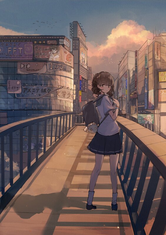 Anime Girl on Bridge — Blue, Serene, Sunset, Digital Art, City