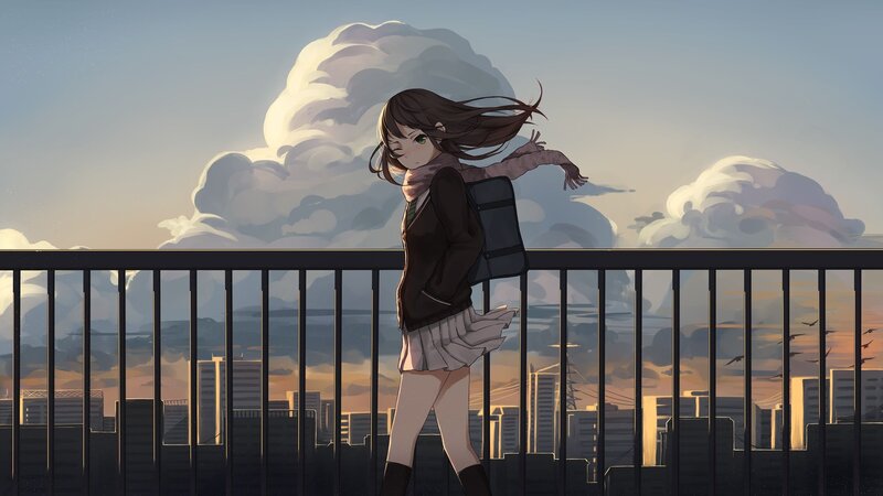 Anime Girl on Bridge — Blue, Serene, Sunset, Digital Art, Cityscape, Clouds