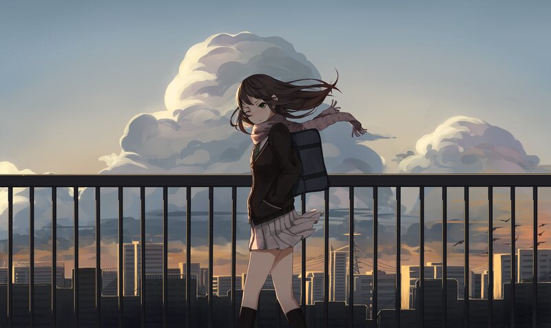 Anime Girl on Bridge — Blue, Serene, Sunset, Digital Art, Cityscape