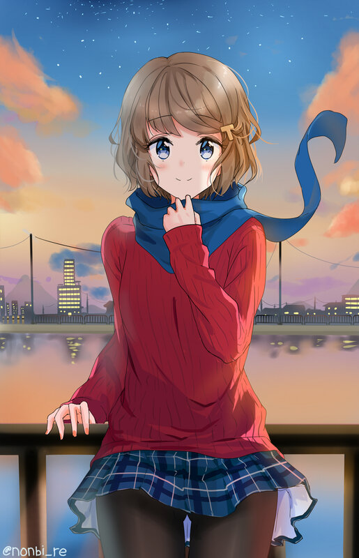 Anime Girl on Bridge — Blue, Serene, Sunset, Digital Art, Scarf