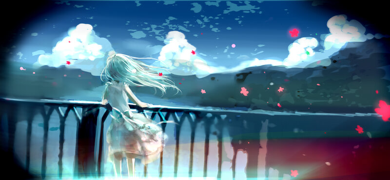 Anime Girl on Bridge — Blue, Serene