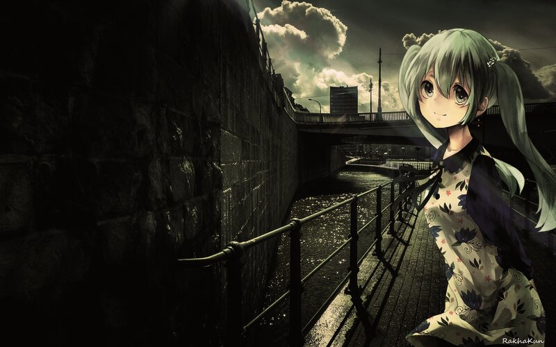Anime Girl on Bridge — Green, Dramatic