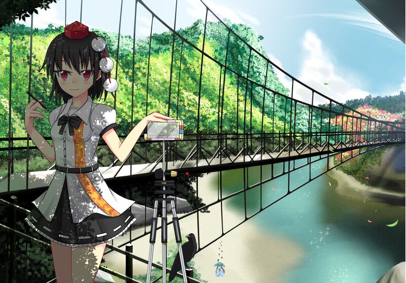 Anime Girl on Bridge — Green, Serene, Afternoon, Digital Art