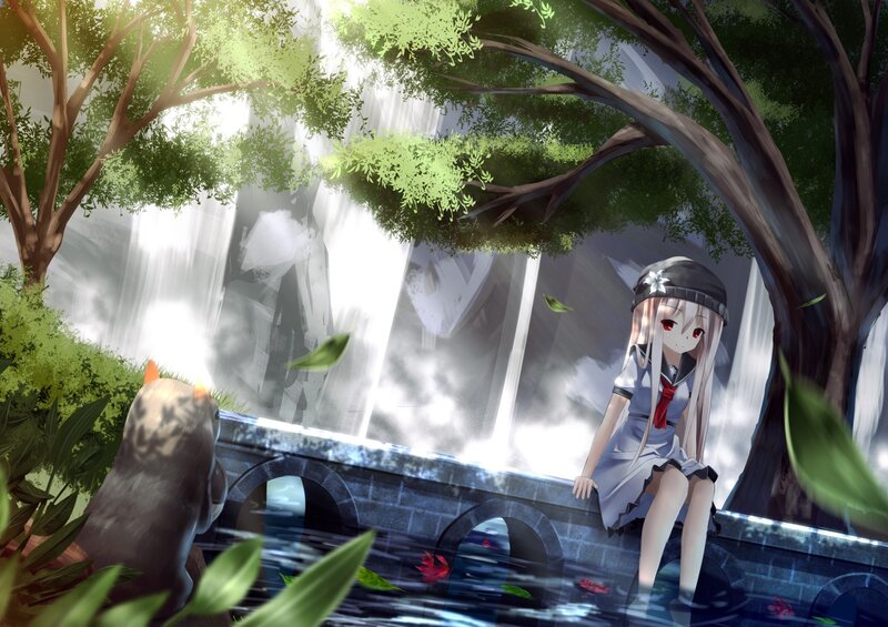 Anime Girl on Bridge — Green, Serene, Afternoon, Digital Art, Tree
