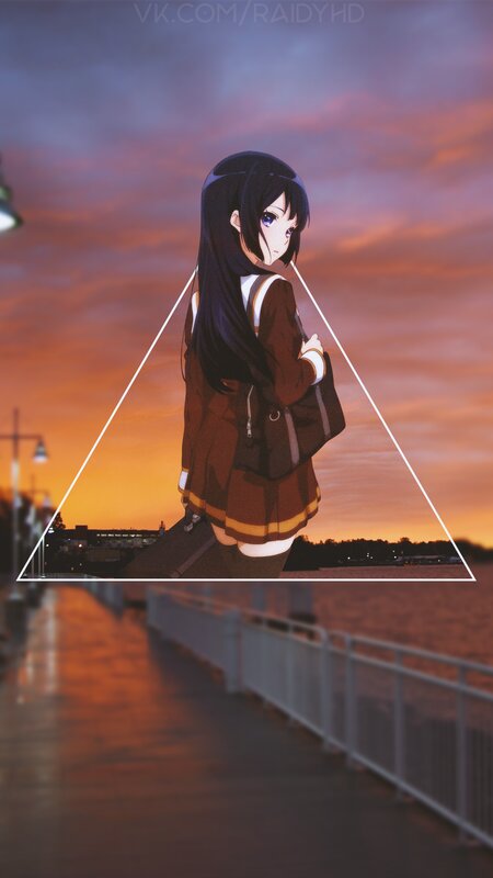 Anime Girl on Bridge — Orange, Dramatic, Sunset, School Uniform
