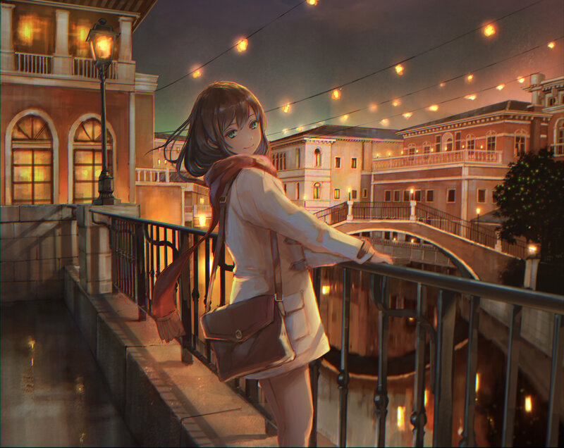 Anime Girl on Bridge — Orange, Serene, Night