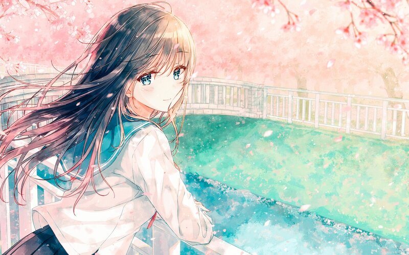 Anime Girl on Bridge — Pink, Serene, Spring, Cherry Blossoms