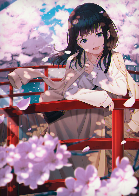 Anime Girl on Bridge — Pink, Serene, Spring, Digital Art, Cherry Blossoms, Coat