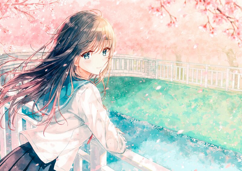 Anime Girl on Bridge — Pink, Serene, Spring, Digital Art, Cherry Blossoms, River